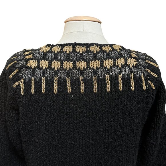 Liz Claiborne Vtg 80’s Black & Metallic Silver Gold Knit Silk Blend Sweater Lg - Picture 4 of 8